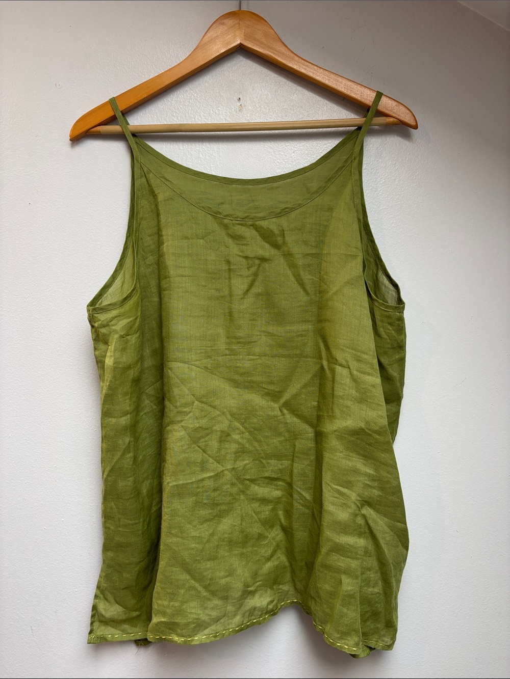 Green Linen Tank w/ Embroidered Hem, L